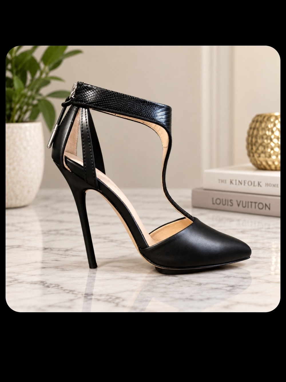 Classic Black Leather L.A.M.B. Pointed-Tip Ankle-Strap Stiletto Heels - Women's